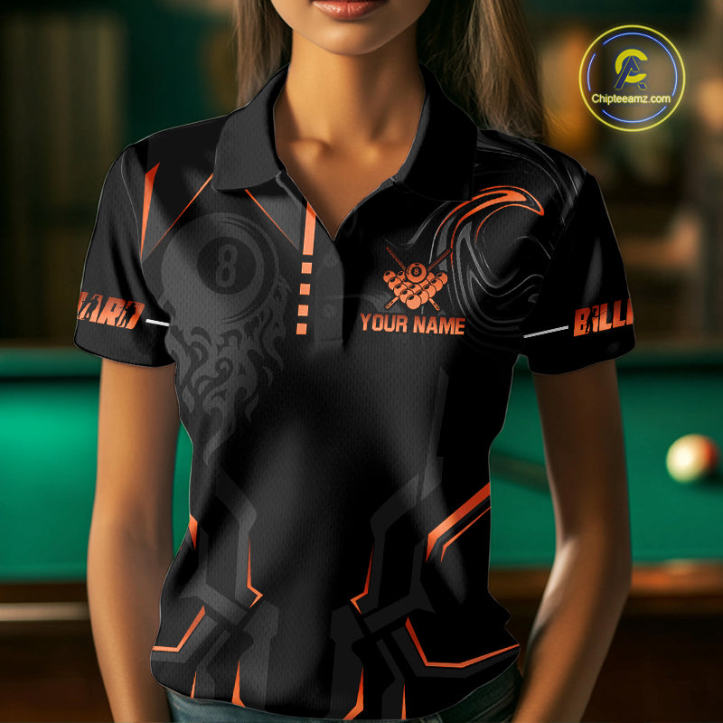 Custom 8 Ball Pool Crown Women's Billiard Shirts Orange And Black Billiard Team Shirt Pool Jersey TDM7678