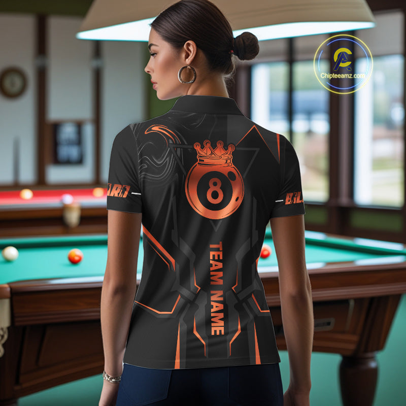 Custom 8 Ball Pool Crown Women's Billiard Shirts Orange And Black Billiard Team Shirt Pool Jersey TDM7678