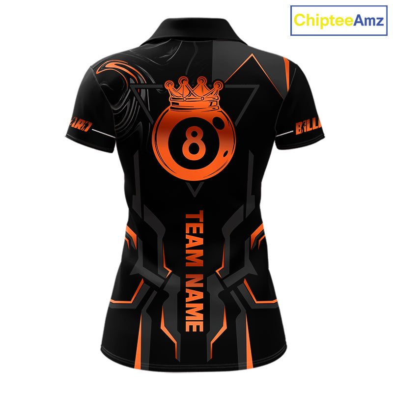 Custom 8 Ball Pool Crown Women's Billiard Shirts Orange And Black Billiard Team Shirt Pool Jersey TDM7678