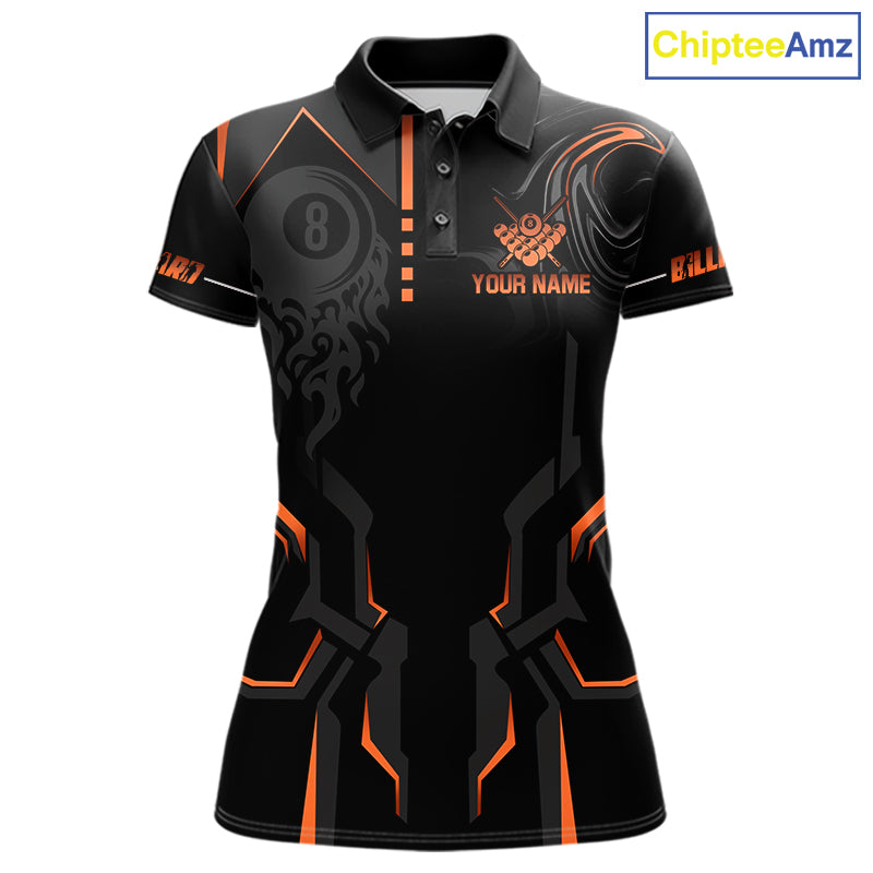 Custom 8 Ball Pool Crown Women's Billiard Shirts Orange And Black Billiard Team Shirt Pool Jersey TDM7678