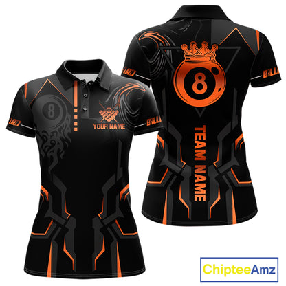 Custom 8 Ball Pool Crown Women's Billiard Shirts Orange And Black Billiard Team Shirt Pool Jersey TDM7678