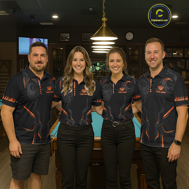Custom 8 Ball Pool Crown Women's Billiard Shirts Orange And Black Billiard Team Shirt Pool Jersey TDM7678