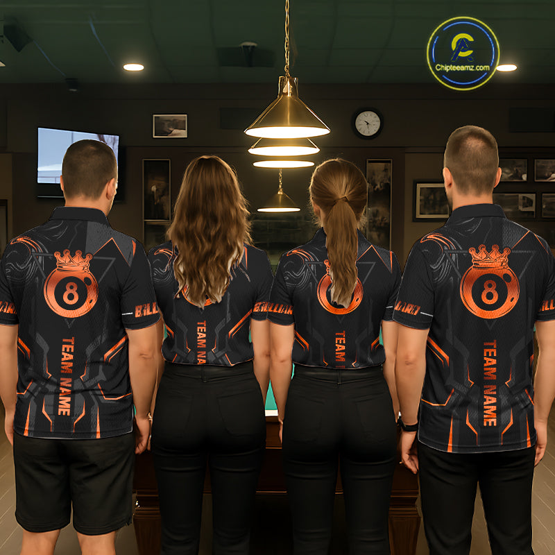 Custom 8 Ball Pool Crown Women's Billiard Shirts Orange And Black Billiard Team Shirt Pool Jersey TDM7678