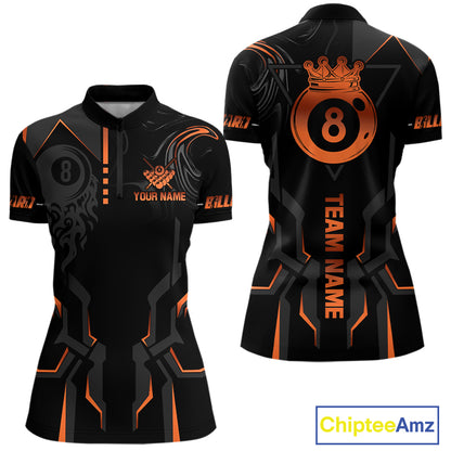 Custom 8 Ball Pool Crown Women's Billiard Shirts Orange And Black Billiard Team Shirt Pool Jersey TDM7678