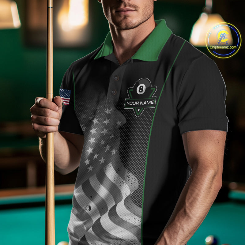Custom Black Green Grunge American Flag 8 Ball Pool Shirts For Men Patriotic Billiard Team Jersey TDM7679