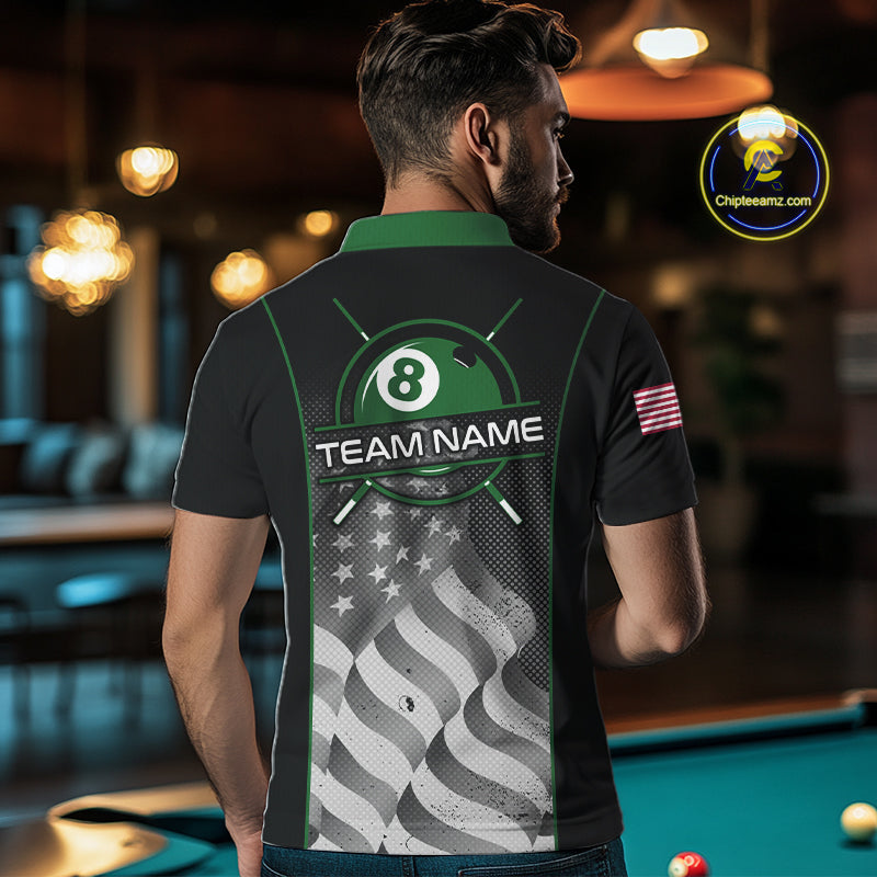 Custom Black Green Grunge American Flag 8 Ball Pool Shirts For Men Patriotic Billiard Team Jersey TDM7679