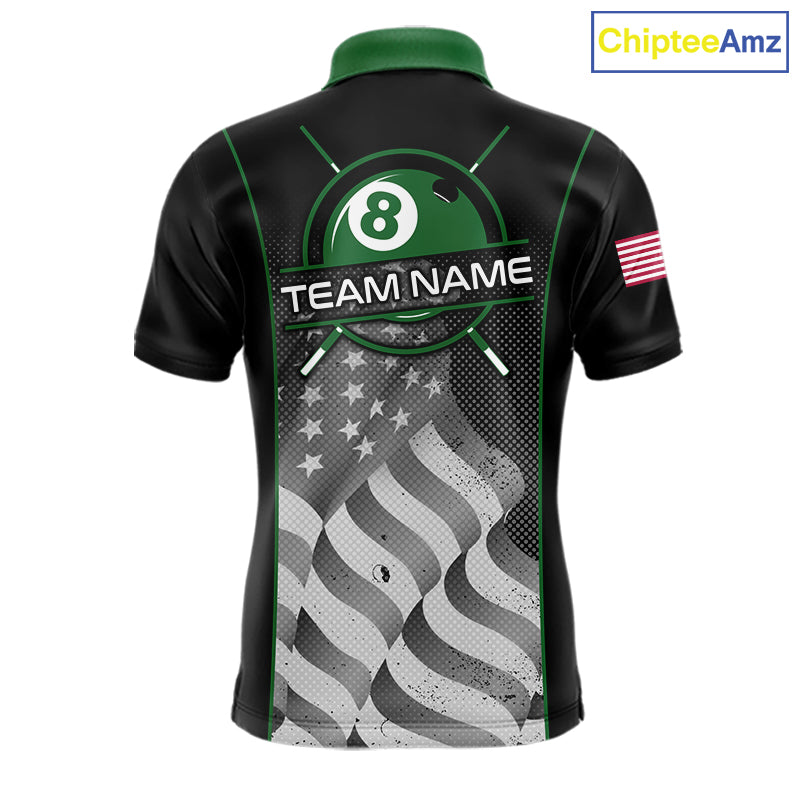 Custom Black Green Grunge American Flag 8 Ball Pool Shirts For Men Patriotic Billiard Team Jersey TDM7679