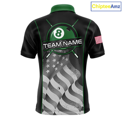 Custom Black Green Grunge American Flag 8 Ball Pool Shirts For Men Patriotic Billiard Team Jersey TDM7679