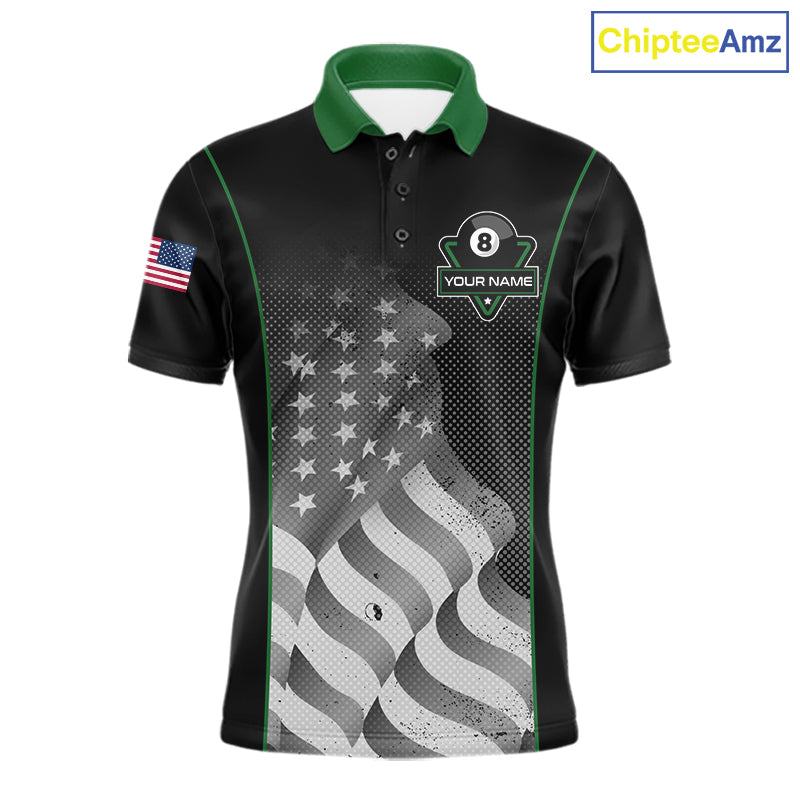 Custom Black Green Grunge American Flag 8 Ball Pool Shirts For Men Patriotic Billiard Team Jersey TDM7679