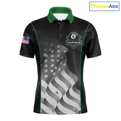 Custom Black Green Grunge American Flag 8 Ball Pool Shirts For Men Patriotic Billiard Team Jersey TDM7679