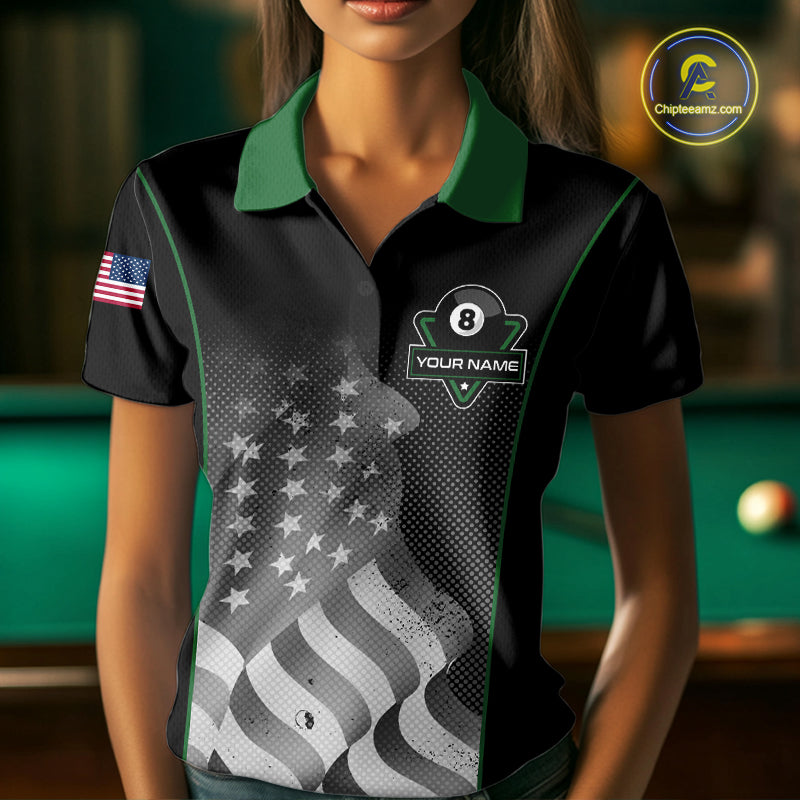 Custom Black Green Grunge American Flag 8 Ball Pool Shirts For Women Patriotic Billiard Team Jersey TDM7679
