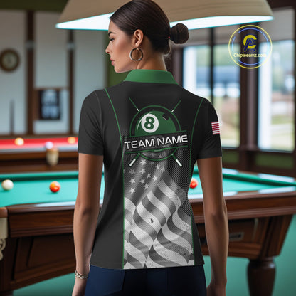 Custom Black Green Grunge American Flag 8 Ball Pool Shirts For Women Patriotic Billiard Team Jersey TDM7679