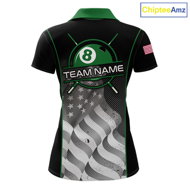Custom Black Green Grunge American Flag 8 Ball Pool Shirts For Women Patriotic Billiard Team Jersey TDM7679