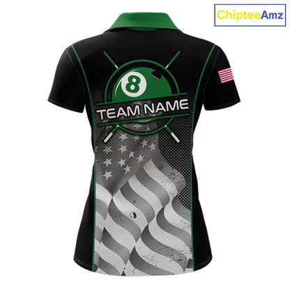 Custom Black Green Grunge American Flag 8 Ball Pool Shirts For Women Patriotic Billiard Team Jersey TDM7679