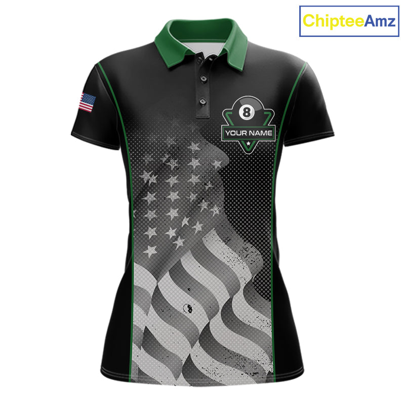 Custom Black Green Grunge American Flag 8 Ball Pool Shirts For Women Patriotic Billiard Team Jersey TDM7679