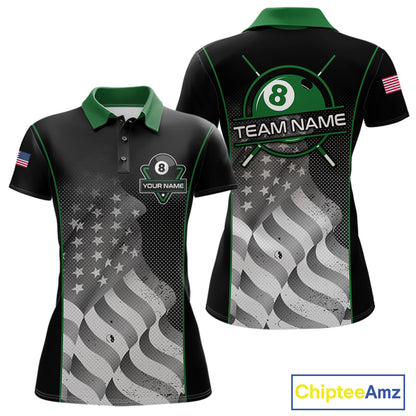 Custom Black Green Grunge American Flag 8 Ball Pool Shirts For Women Patriotic Billiard Team Jersey TDM7679