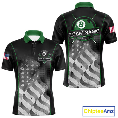 Custom Black Green Grunge American Flag 8 Ball Pool Shirts For Men Patriotic Billiard Team Jersey TDM7679