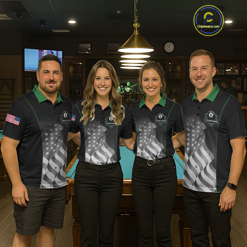 Custom Black Green Grunge American Flag 8 Ball Pool Shirts For Men Patriotic Billiard Team Jersey TDM7679