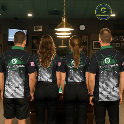 Custom Black Green Grunge American Flag 8 Ball Pool Shirts For Men Patriotic Billiard Team Jersey TDM7679