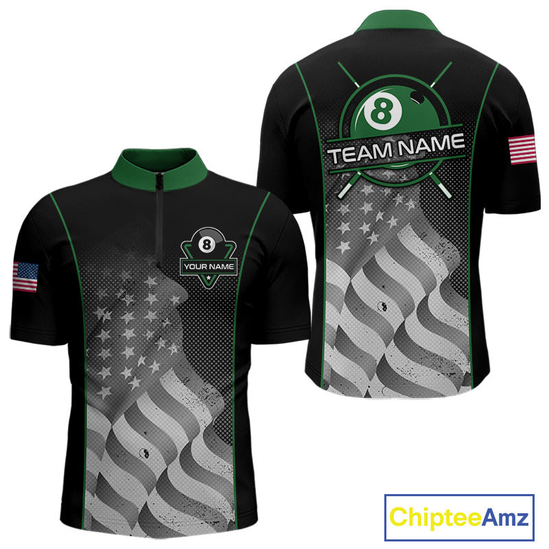 Custom Black Green Grunge American Flag 8 Ball Pool Shirts For Men Patriotic Billiard Team Jersey TDM7679