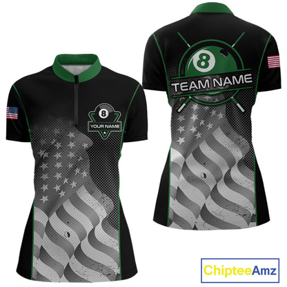 Custom Black Green Grunge American Flag 8 Ball Pool Shirts For Women Patriotic Billiard Team Jersey TDM7679