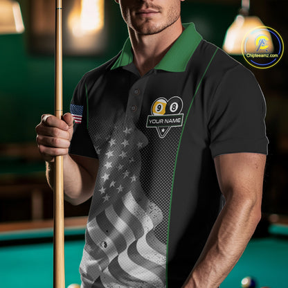 Custom Black Green Grunge American Flag 8 Ball & 9 Ball Pool Shirts For Men Billiard Team Jersey TDM7680