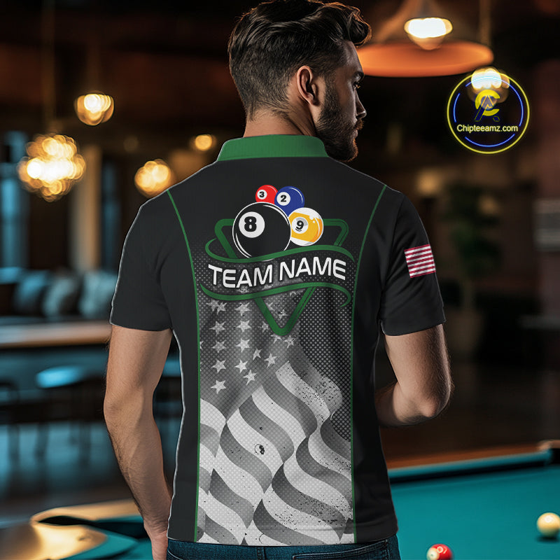 Custom Black Green Grunge American Flag 8 Ball & 9 Ball Pool Shirts For Men Billiard Team Jersey TDM7680
