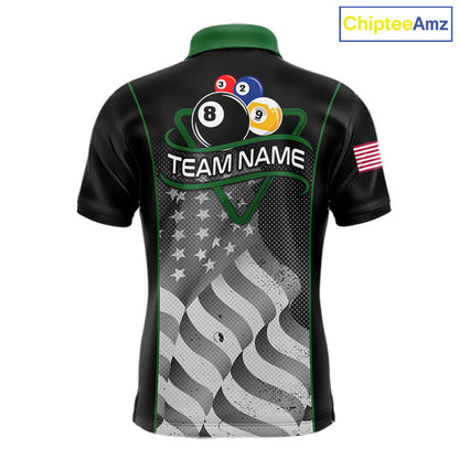 Custom Black Green Grunge American Flag 8 Ball & 9 Ball Pool Shirts For Men Billiard Team Jersey TDM7680