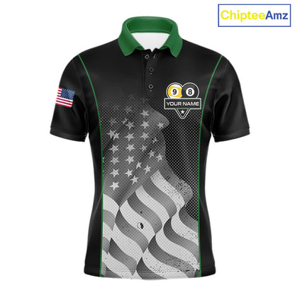 Custom Black Green Grunge American Flag 8 Ball & 9 Ball Pool Shirts For Men Billiard Team Jersey TDM7680