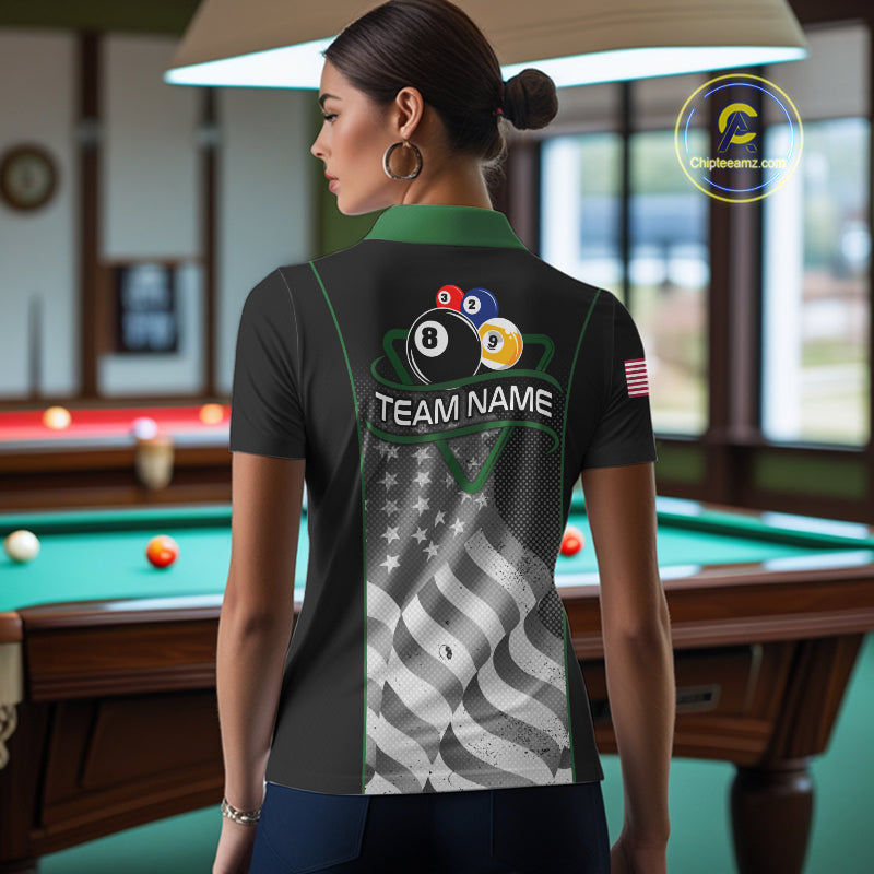 Custom Black Green Grunge American Flag 8 Ball & 9 Ball Pool Shirts For Women Billiard Team Jersey TDM7680