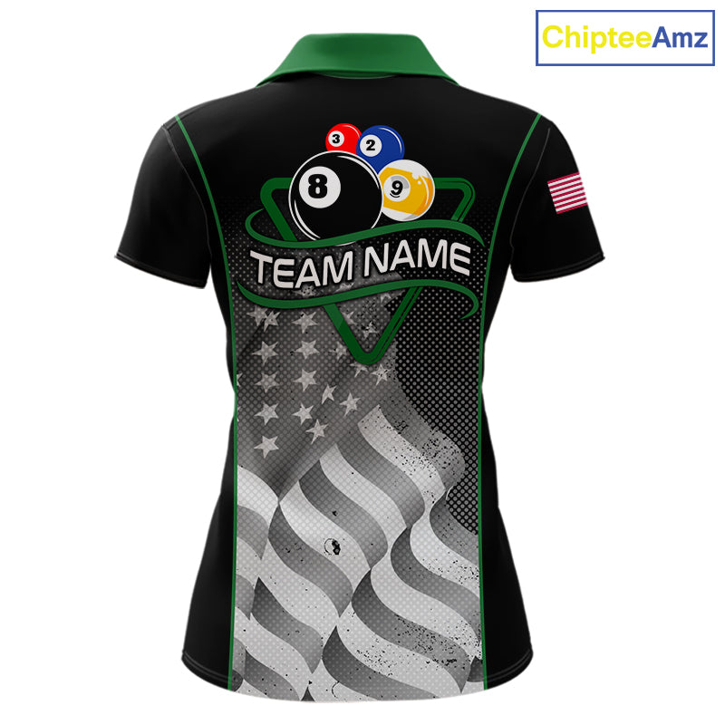 Custom Black Green Grunge American Flag 8 Ball & 9 Ball Pool Shirts For Women Billiard Team Jersey TDM7680