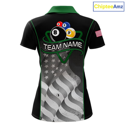 Custom Black Green Grunge American Flag 8 Ball & 9 Ball Pool Shirts For Women Billiard Team Jersey TDM7680