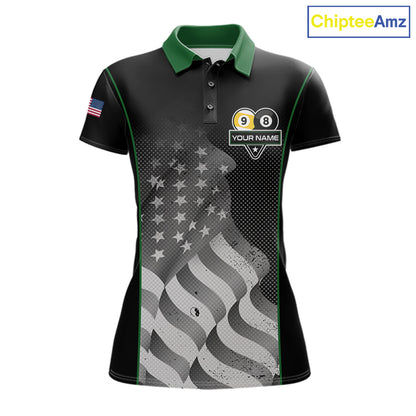 Custom Black Green Grunge American Flag 8 Ball & 9 Ball Pool Shirts For Women Billiard Team Jersey TDM7680