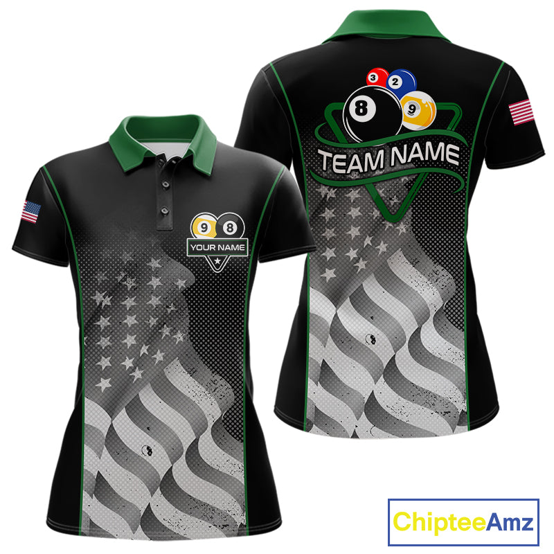Custom Black Green Grunge American Flag 8 Ball & 9 Ball Pool Shirts For Women Billiard Team Jersey TDM7680