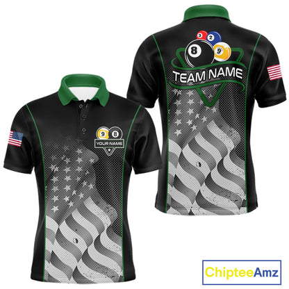 Custom Black Green Grunge American Flag 8 Ball & 9 Ball Pool Shirts For Men Billiard Team Jersey TDM7680