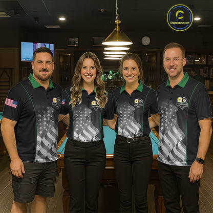 Custom Black Green Grunge American Flag 8 Ball & 9 Ball Pool Shirts For Men Billiard Team Jersey TDM7680