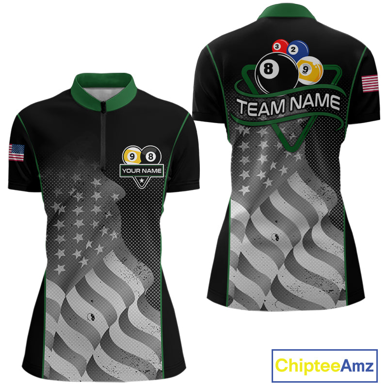 Custom Black Green Grunge American Flag 8 Ball & 9 Ball Pool Shirts For Women Billiard Team Jersey TDM7680