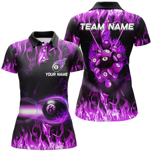 Purple 8 Ball Fire Smoke Pattern Personalized 3D Women Polo Shirts Best Billiard 8 Ball For Team TDM0445