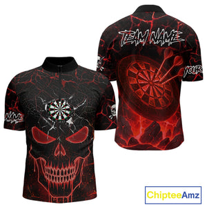 Personalized Skull Cracks Pattern Red Darts Shirt For Men Custom Dart League Jersey Polo & 1/4 Zip TDM5104
