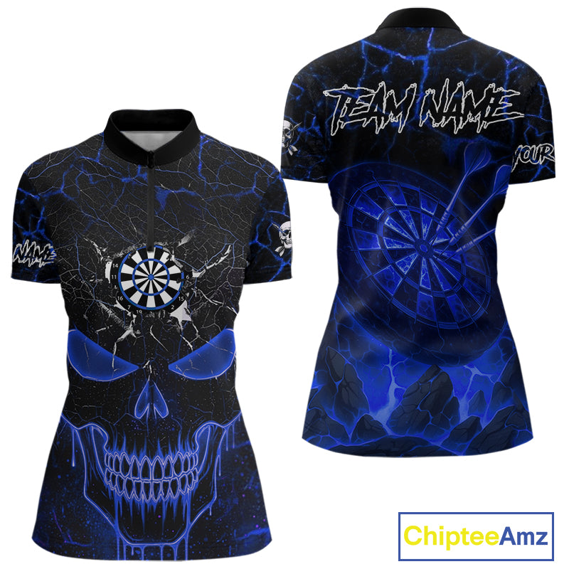 Personalized Skull Cracks Pattern Blue Darts Shirt For Women, Darts League Jersey Polo & 1/4 Zip TDM5105