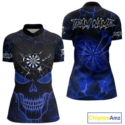 Personalized Skull Cracks Pattern Blue Darts Shirt For Women, Darts League Jersey Polo & 1/4 Zip TDM5105