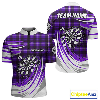 Personalized Purple Dartboard Plaid Mens Darts Shirt Custom Darts Jersey Team Polo & 1/4 Zip TDM5327