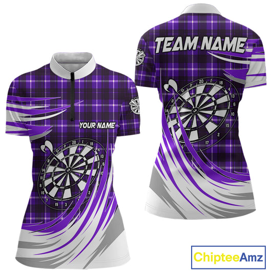 Personalized Purple Dartboard Plaid Womens Darts Shirt Custom Darts Jersey Team Polo & 1/4 Zip TDM5327