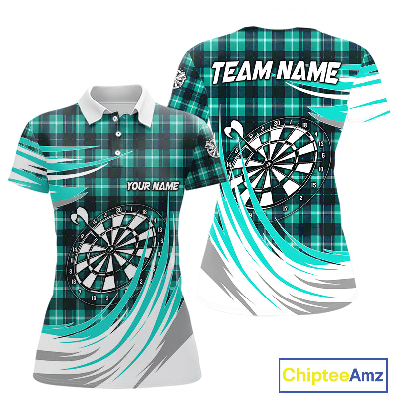 Personalized Turquoise Dartboard Plaid Womens Darts Shirt Custom Darts Jersey Team Polo & 1/4 Zip TDM5328