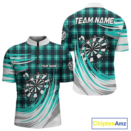 Personalized Turquoise Dartboard Plaid Mens Darts Shirt Custom Darts Jersey Team Polo & 1/4 Zip TDM5328