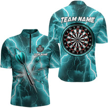 Load image into Gallery viewer, Turquoise Thunder Lightning 3D Men Darts Polo &amp; Quarter Zip Custom Dart Shirt For Men Dart Jersey TDM3339