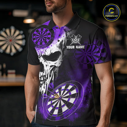 Personalized Purple Grunge Skull Darts Shirt For Men Custom Darts Jersey Team Polo & 1/4 Zip TDM6431