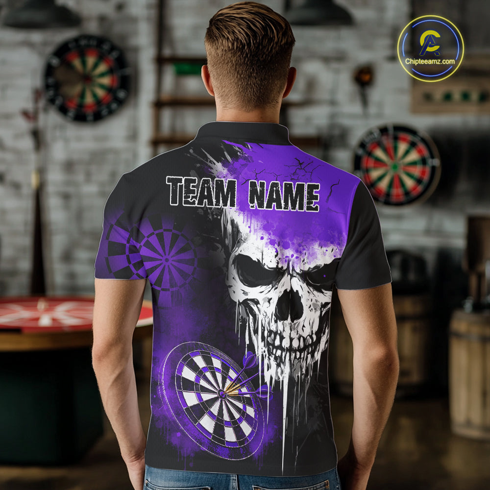 Personalized Purple Grunge Skull Darts Shirt For Men Custom Darts Jersey Team Polo & 1/4 Zip TDM6431