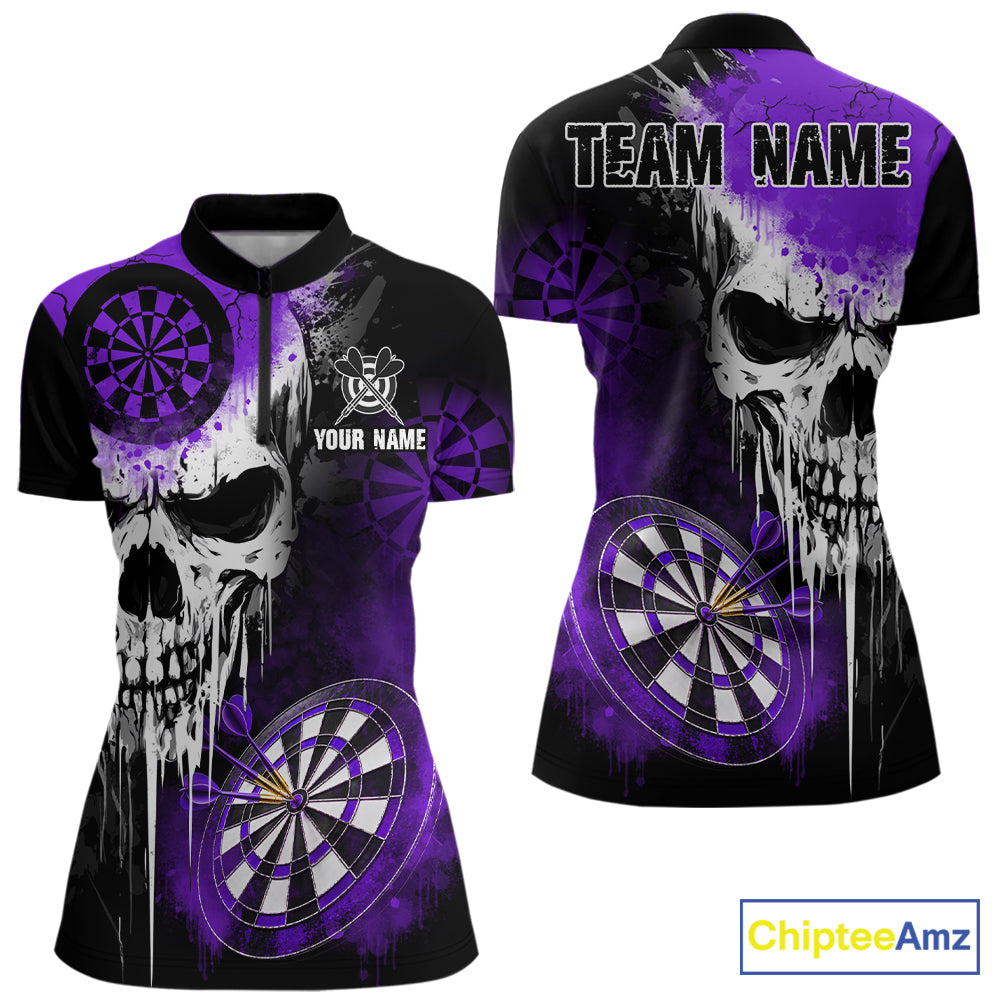 Personalized Purple Grunge Skull Darts Shirt For Women Custom Darts Jersey Team Polo & 1/4 Zip TDM6431