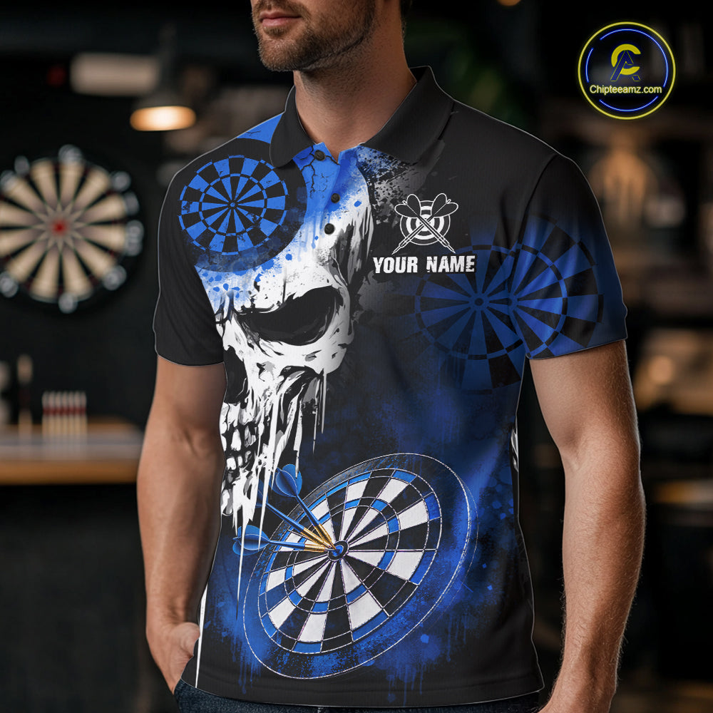 Personalized Blue Grunge Skull Darts Shirt For Men Custom Darts Jersey Team Polo & 1/4 Zip TDM6432